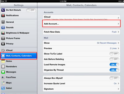 Settings to Mail, Contacts, Calendars window