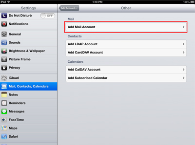 Add Mail Account highlighted in Mail, Contacts, Calendars window