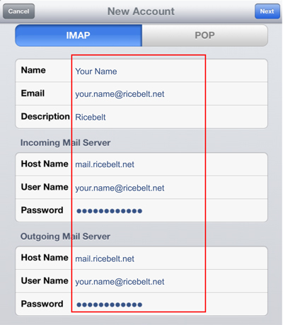 New Account window with IMAP tab selected