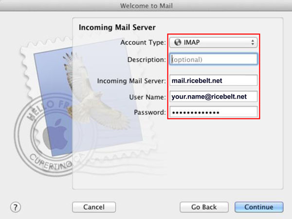 Incoming Mail window showing Account Type set to IMAP, Description as optional and Incoming mail server to mail.ricebelt.net