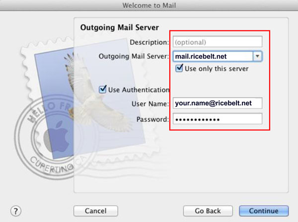 Outgoing Mail window showing description as optional, Outgoing Mail Server as mail.ricebelt.net, use only this server is checked and Use Authentication is checked