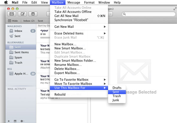 mail window showing top toolbar with Mailbox selected and the sub-item Use This Mailbox For highlighted and its sub menu item Sent selected