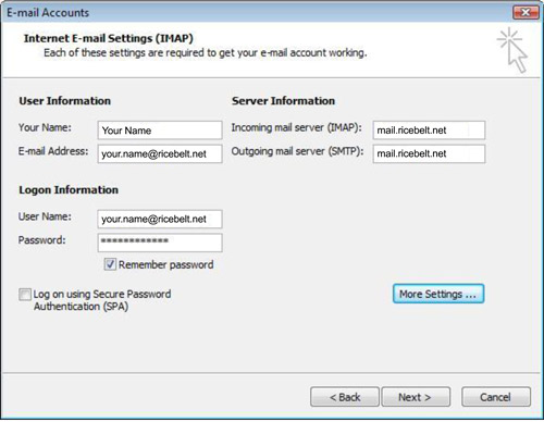 Internet Email Settings window with name, email address as your.name@ricebelt.net, incoming and outgoing server fields are mail.ricebelt.net, username is your Ricebelt email address