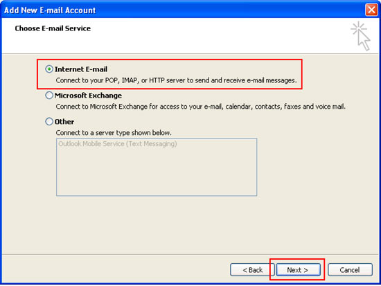 Add New Email Account window with Choose E-Mail Service and Internet E-Mail selected