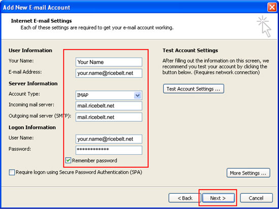 Internet Email Settings with your name, email address, IMAP selected, incoming and outgoing mail servers as mail.ricebelt.net