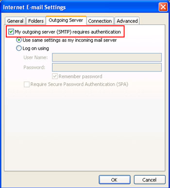 Internet Email Settings window with Outgoing Server tab selected