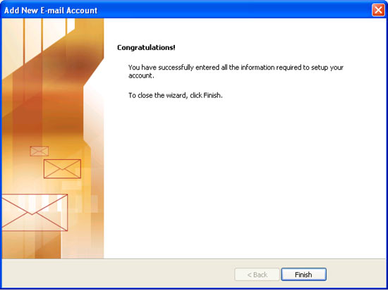 Add New Email Account window Congratulations screen