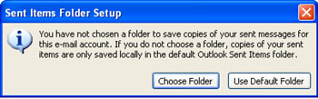 Sent Items Folder Setup warning alert