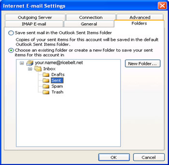 Internet Email Settings window with Folders tab selected, Choose an existing folder... selected, and the Sent folder selected