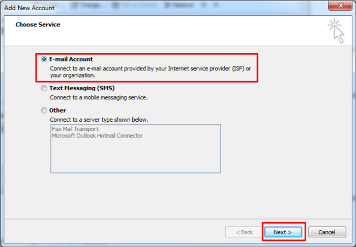 Outlook Add New Account window - Choose Service