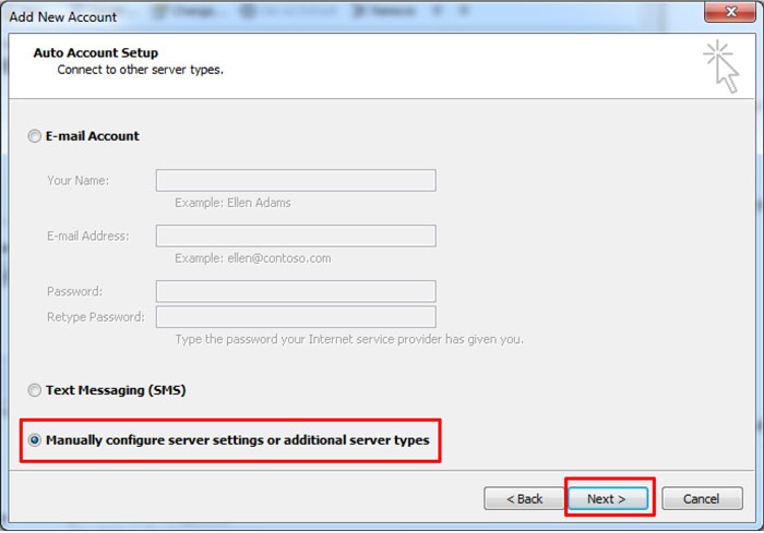 Outlook Add New Account window - Auto Account Setup window