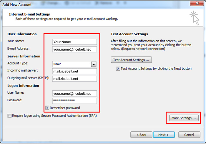 Outlook Add New Account - Internet E-mail Settings