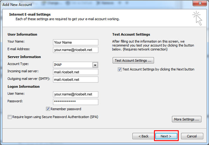 Outlook Add New Account - Internet E-mail Settings window