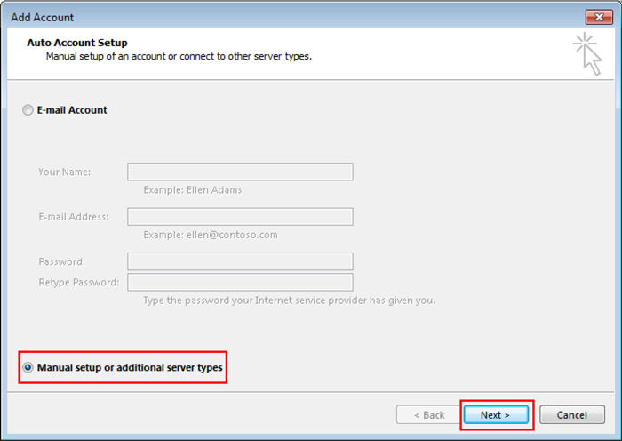 Outlook Add Account window - Auto Account Setup