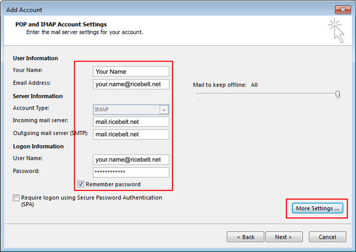 Outlook Add Account window - POP and IMAP Account Settings