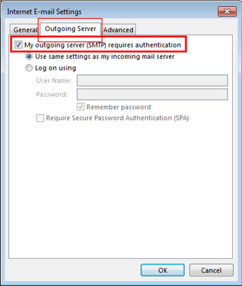 Outlook Internet E-mail Settings with Outgoing tab selected