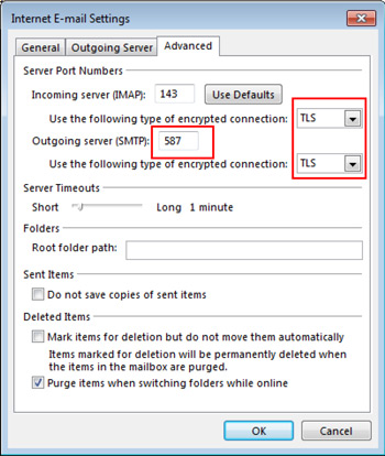 Outlook Internet E-mail Settings window with Advanced tab selected