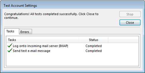 Outlook Test Account Settings window Congratulations screen