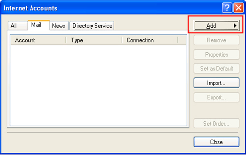 Internet Accounts window with Mail tab selected