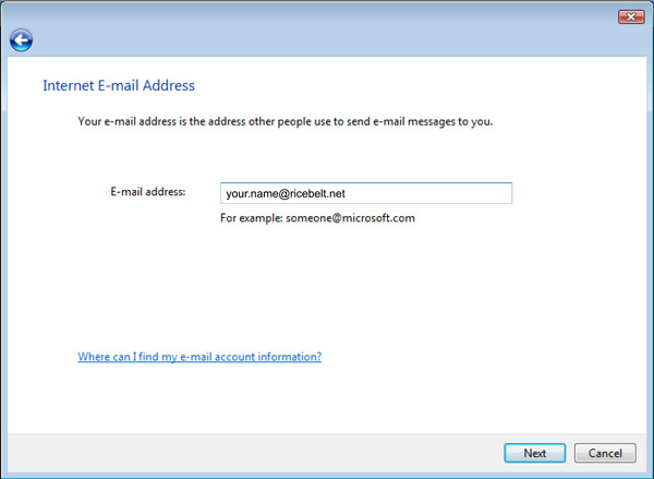 Vista Mail Setup Internet Email Address window