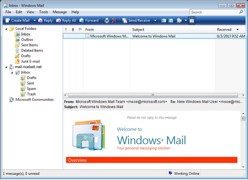 Vista Mail Inbox window