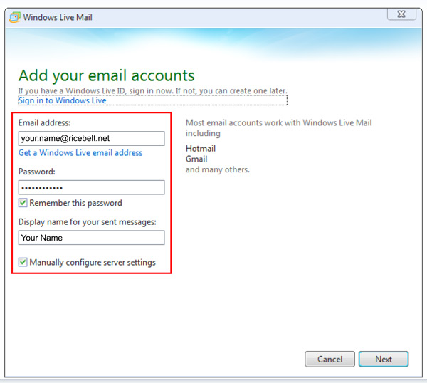 Windows Live Mail Add Your Email Accounts window