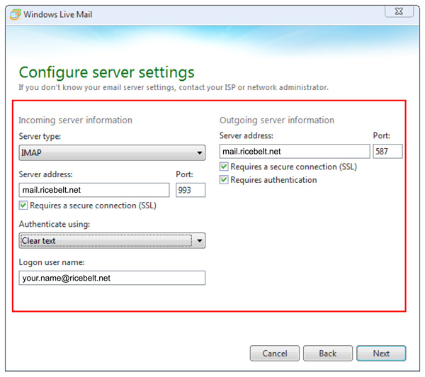 Windows Live Mail Configure Server Settings window