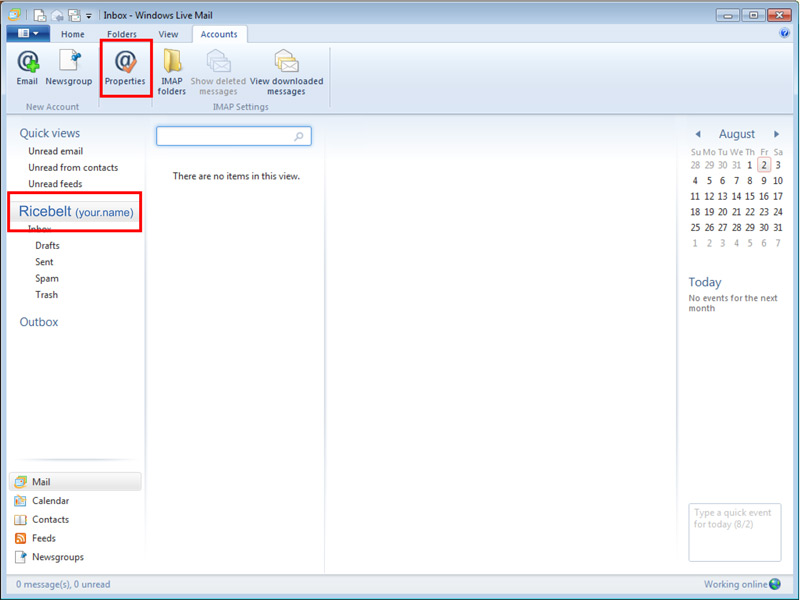 Windows Live Mail Inbox window with Accounts tab selected