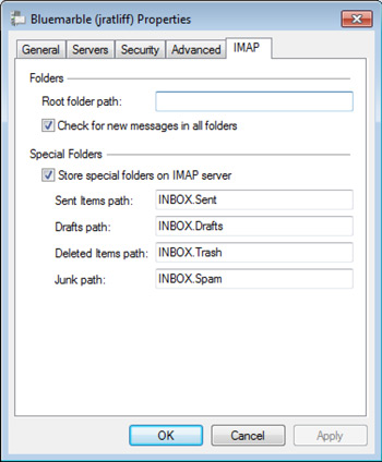 Windows Live Mail Properties window with IMAP tab selected